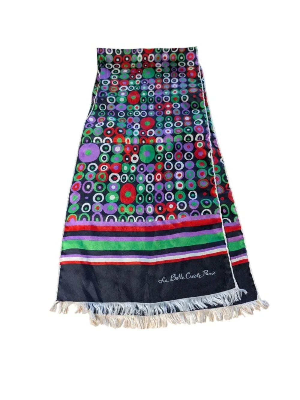 La Belle Créole Paris Multicolor Fringe Scarf With Geometric & Striped Design